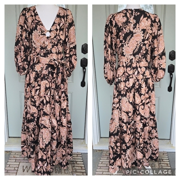 Anthropologie KIVARI V-Neck Puff Sleeve Linen Midi Dress - Picture 5 of 12